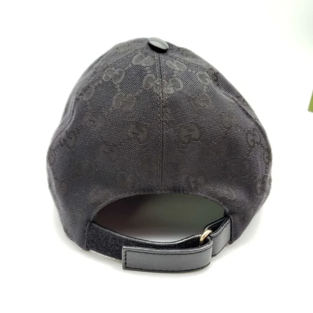 100% Authentic Gucci Cap Black Canvas Leather Hat Unisex - Picture 7 of 11